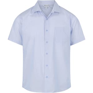 A short-sleeve, light blue button-up shirt with a chest pocket and a logo.