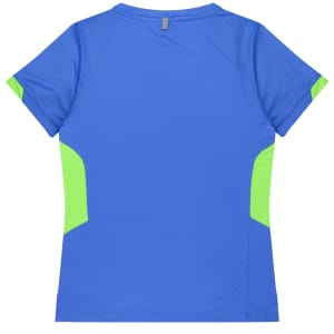 A blue T-shirt with green side panels and a logo on the back. Styled for women's wear.
