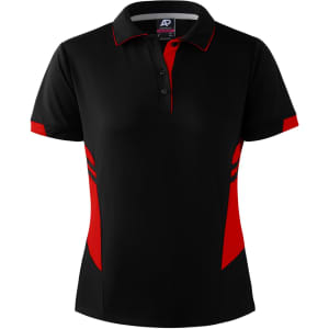 A black and red polo shirt featuring a logo, with short sleeves and a collared neckline.