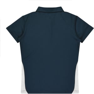 A navy polo shirt with short sleeves, featuring a white side panel. The shirt has a collar and a logo.