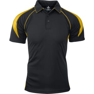A black polo shirt with yellow accents and a logo on the chest area.