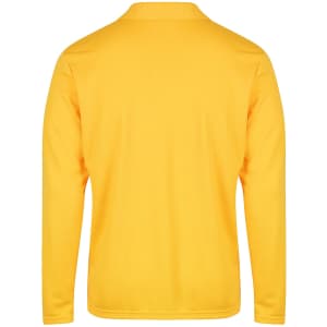 A long-sleeve yellow polo shirt with a collar and a logo on the back.