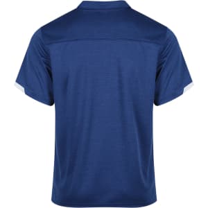 A navy polo shirt with short sleeves and a subtle contrast detail, featuring a logo on the back.