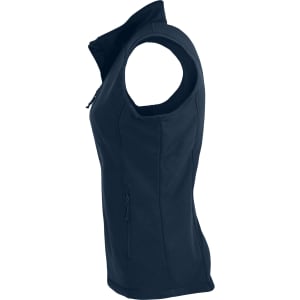 A navy blue sleeveless work vest featuring a zip front and two side pockets. It includes a logo.