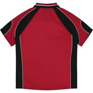 A red and black polo shirt featuring short sleeves and a contrasting design, with a logo on the front.