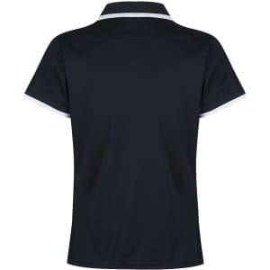 A navy polo shirt with a collar and contrasting white accents, featuring a branding logo.