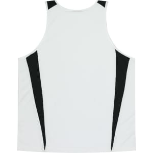 A white singlet featuring black accents on the sides and a simple design. The garment has a logo present but not specified.
