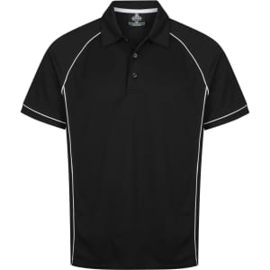 A black polo shirt with white piping, featuring a collar and button placket. Includes a logo.