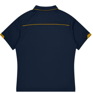 A navy polo shirt with yellow accents and a logo, featuring a classic collar and short sleeves.