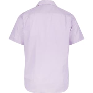 A short sleeve button-up shirt in light purple, featuring a simple back design and a collar. It includes a logo.