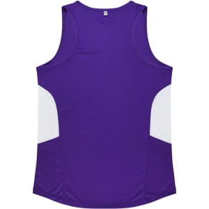 A purple singlet with white side panels and a logo, designed for women's wear.