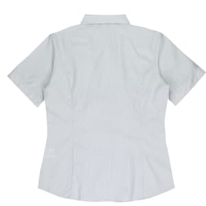 A short sleeve button-up shirt in light grey, featuring a back yoke and a fitted design. It has a logo on the side.