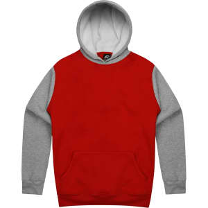 A red hoodie with grey sleeves and a front pocket. The hoodie features a hood and has a logo.