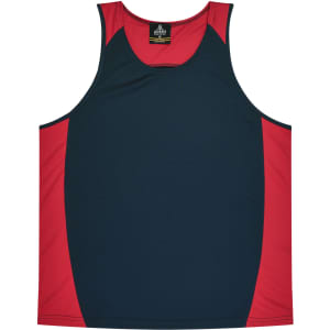 A navy and red singlet with a logo, designed for kids. The top features a sporty, sleeveless design.