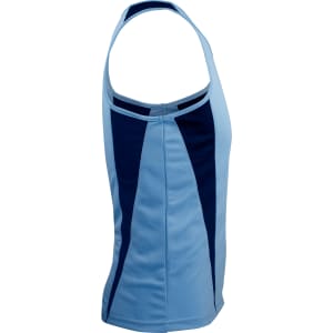 A light blue singlet with navy panel accents, featuring a logo, designed for men.