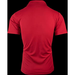 A red polo shirt with a classic collar and short sleeves, featuring a branded logo.