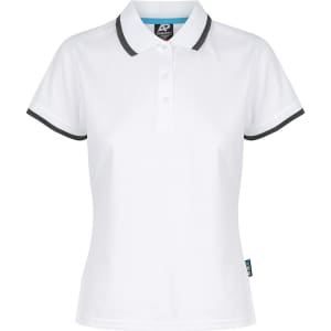 A white polo shirt featuring short sleeves and contrasting trim, with a logo on the front.