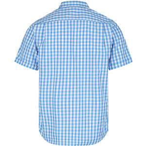 A short-sleeve men's button-up shirt in blue and white check pattern, featuring a collar and back yoke.