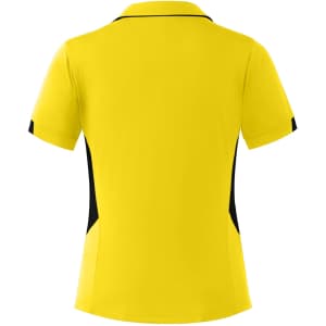 A yellow polo shirt with black side panels, featuring a collar and short sleeves. It has a logo on it.