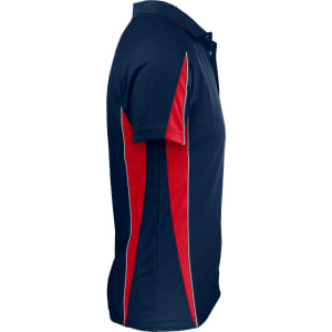 A navy polo shirt featuring red side panels and a logo.