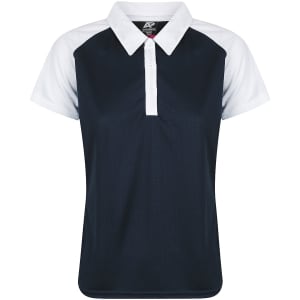 A navy and white polo shirt with a collar and short sleeves, featuring a logo on the front.