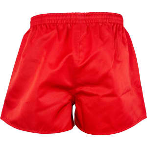 Bright red rugby shorts with an elasticised waistband and a plain back, featuring a logo.