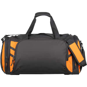 A black duffle bag with orange accents featuring side pockets and a detachable shoulder strap.