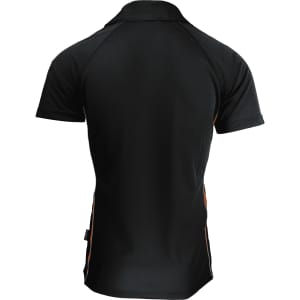 A black polo shirt with contrasting orange side panels and a logo, featuring a classic collar and short sleeves.