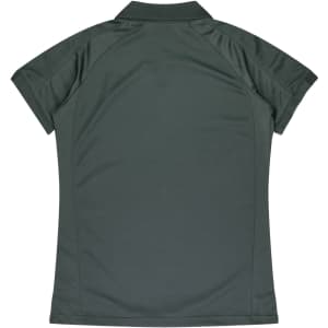 A dark green women's polo shirt with a classic collar and short sleeves. The back features a logo.
