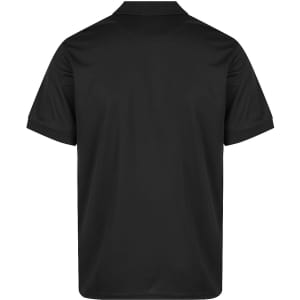 A black polo shirt with a collar and short sleeves, featuring a logo on the back.