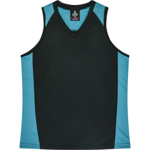 A black and teal sleeveless singlet featuring a V-neck design and detailing on the sides. It has a logo.