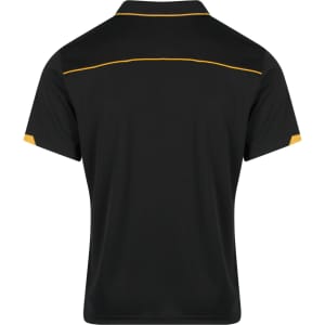 A black polo shirt featuring yellow accents and a logo. The design is simple with a classic collar.