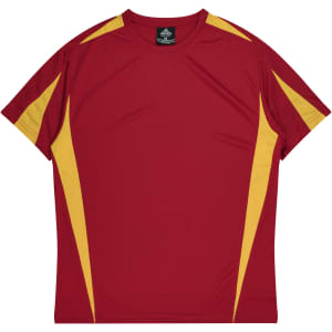 A red T-shirt with yellow side panels and a logo on the neckline, designed for men's wear.