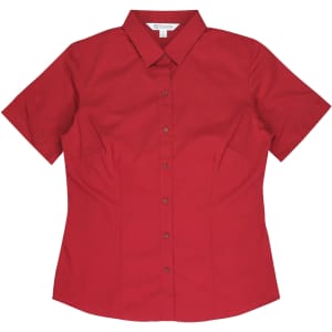 A red short-sleeve button-up shirt with a fitted design and a collar, featuring a brand logo.