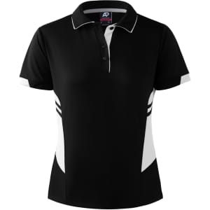A black polo shirt with white accents and a logo, designed for women. Features a collared neckline and buttons.