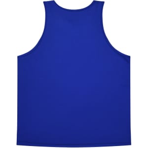 A blue singlet featuring a simple design, with a logo on the fabric.