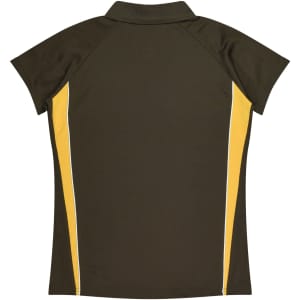 A dark green polo shirt with yellow and white side panels, featuring a collar and a solid back design.
