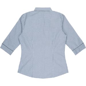 A blue and white checkered button-up shirt with 3/4 sleeves and a back view, featuring a collar and a logo.