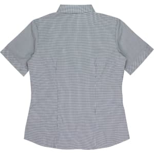 A short sleeve button-up shirt in a black and white check pattern, featuring a collar and a fitted design.