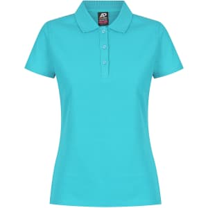 A turquoise polo shirt with a collar, buttons, and a fitted cut. It features a branding label at the neckline.