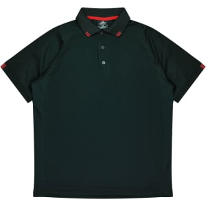 A dark green polo shirt with a button-up collar and red accent details. It features a logo on the breast.