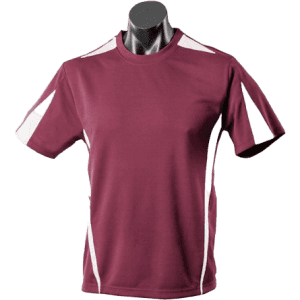 A maroon men's t-shirt featuring white accents and a branded logo, displayed on a mannequin.