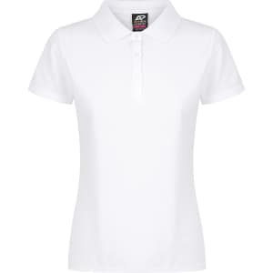A white polo shirt with a classic collar and three buttons, featuring a logo on the tag.