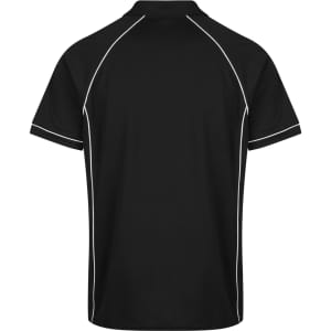 A black polo shirt with contrasting white piping and a collar, featuring no visible logos or branding.