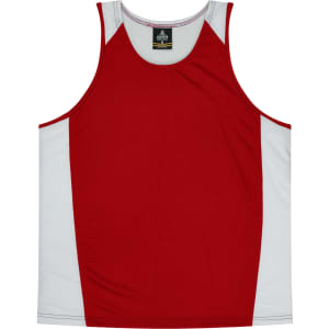 A red singlet with white side panels, featuring a logo on the inside label. Suitable for kids' sportswear.