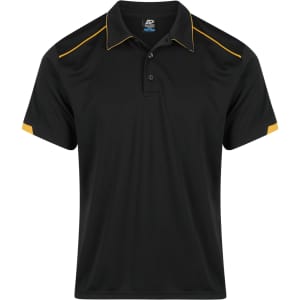A black polo shirt with yellow accents and a logo on the chest area. Short sleeves and a classic collar design.