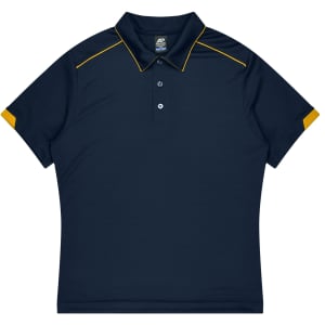 A navy blue polo shirt featuring yellow accents, with a collar and buttons, suitable for sports uniforms.
