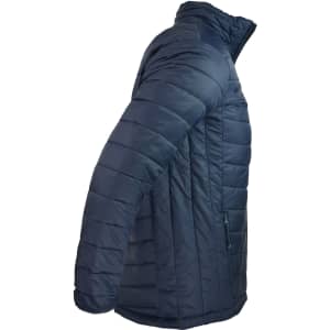 A navy blue jacket with a quilted design and a high collar, featuring a zippered pocket on one side.