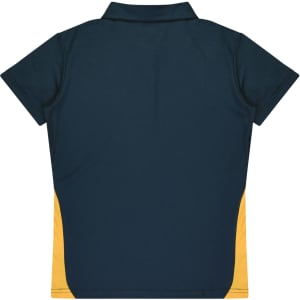 A dark green polo shirt with yellow side panels and a collar, featuring a logo on the back.