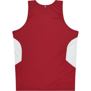A red singlet featuring white side panels, with a logo on the chest area.